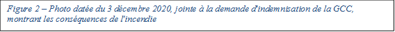 Figure 2 – Photo datée du 3 décembre 2020, jointe à la demande d'indemnisation de la GCC, montrant les conséquences de l'incendie

